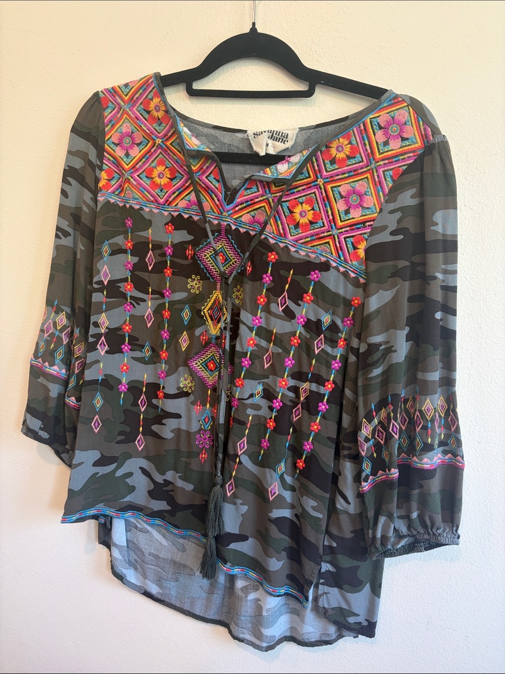 Savanna Jane Olive Camo Blouse with Bright Embroidered Yoke